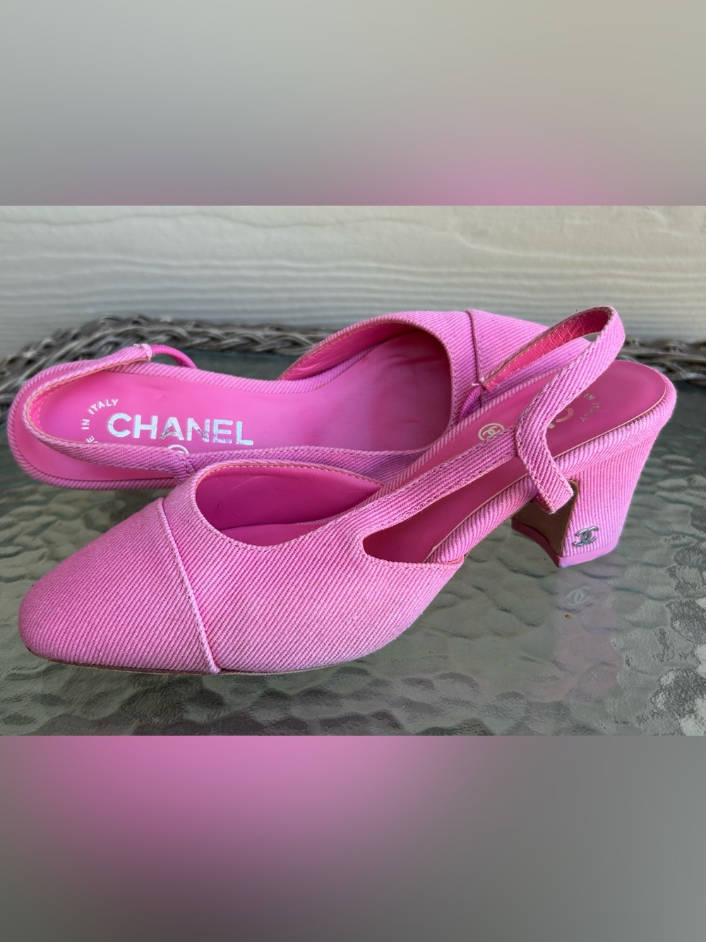 CHANEL Pink Denim CC Slingback Heels sz 37 US 6.5